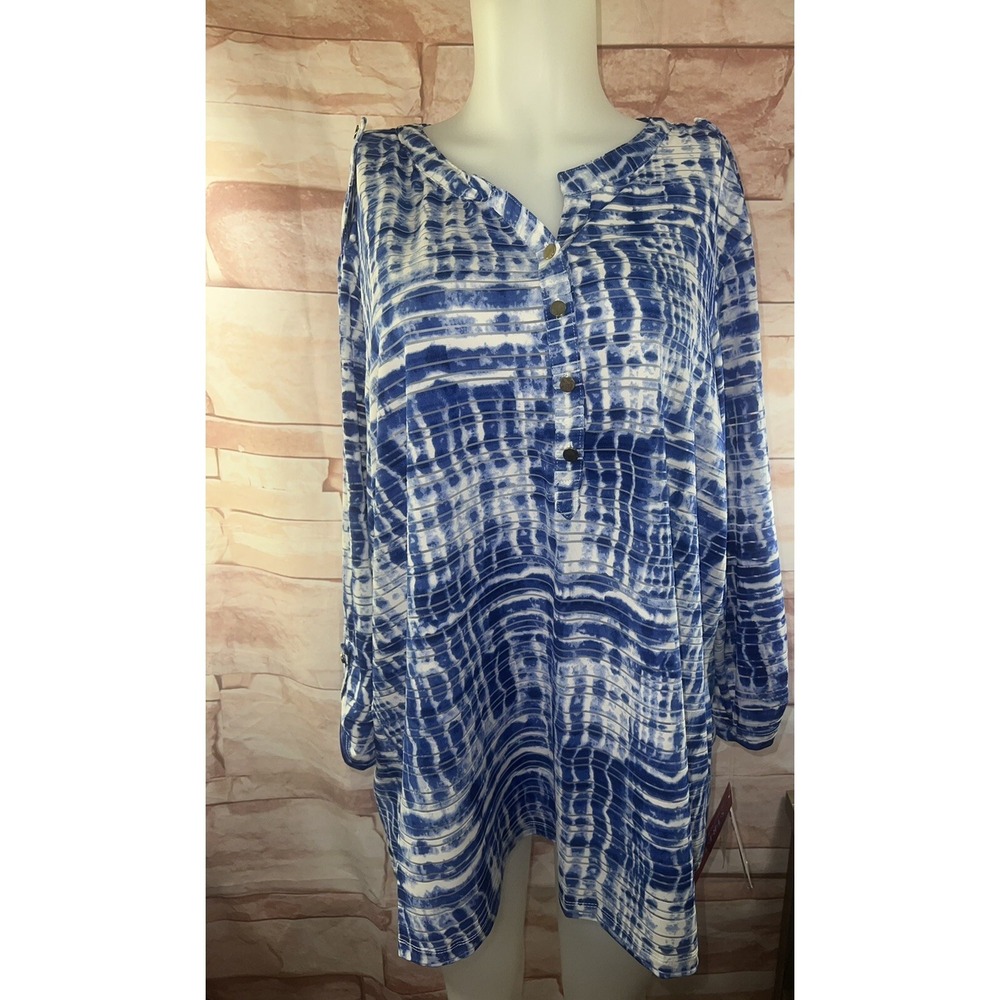 CD Daniels Plus‎ Sz 2X Blue White Partial Sheer Top Hi/Low NWT